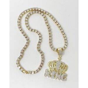 Bling King Crown Pendant with Row Tennis Chain Gold Finish Jewelry